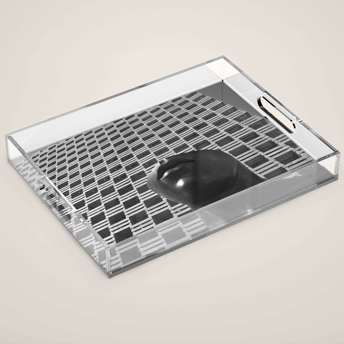 Pieces of You, Stark Modern Architecture and Male Sculpture black and white art photography Acrylic Tray Gallery Image 1