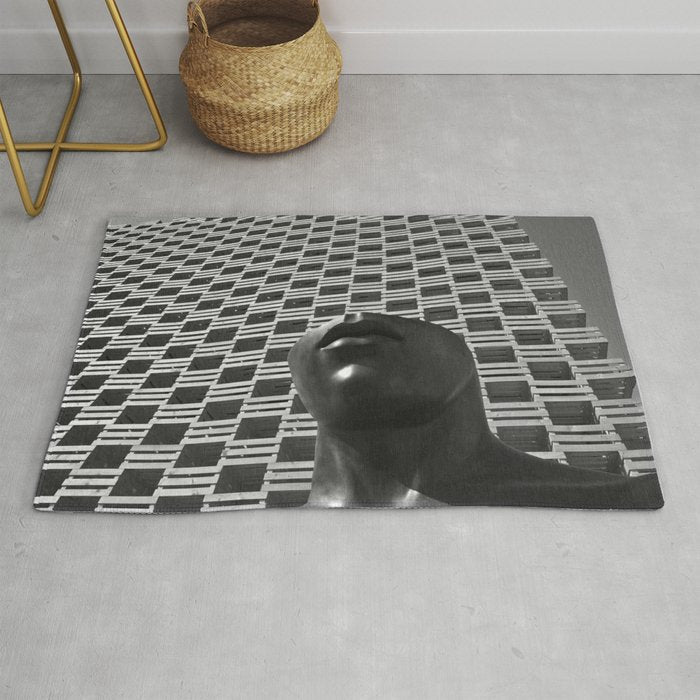 Pieces of You, Stark Modern Architecture and Male Sculpture black and white art photography Rug Gallery Image 1
