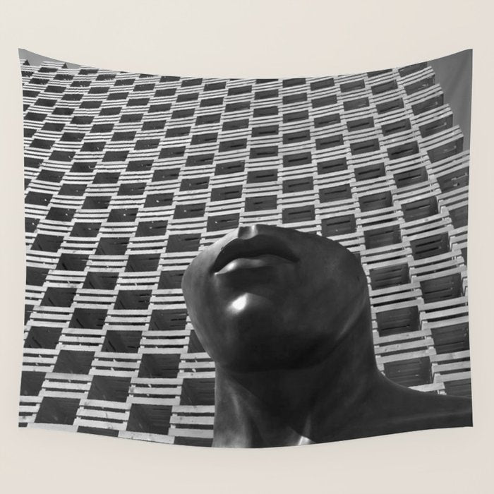 Pieces of You, Stark Modern Architecture and Male Sculpture black and white art photography Wall Tapestry Gallery Image 1