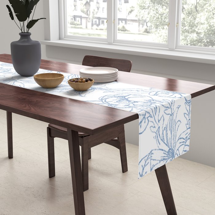 Modern hand drawn white pastel blue floral pattern Table Runner Gallery Image 2