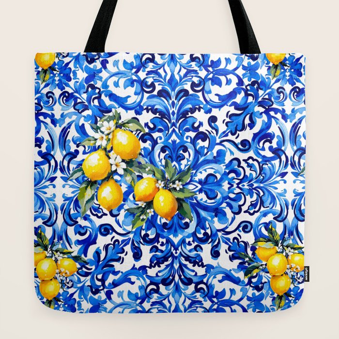 Blue Italian majolica baroque lemon art Tote Bag Gallery Image 2