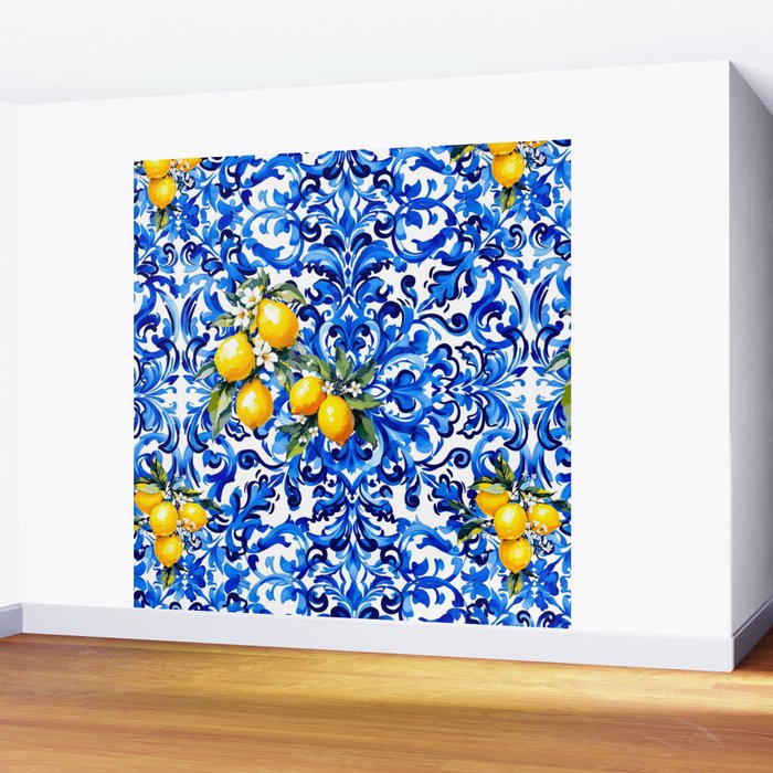 Blue Italian majolica baroque lemon art Wall Mural Gallery Image 2