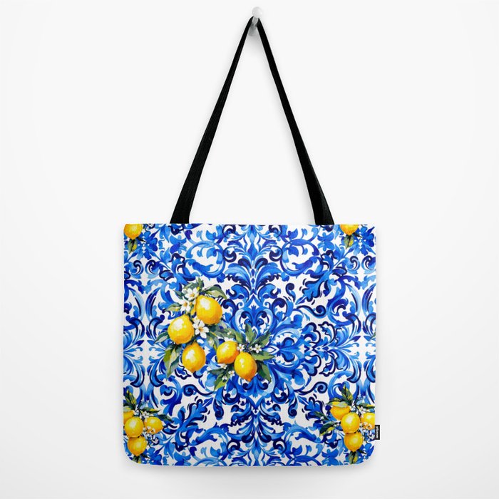Blue Italian majolica baroque lemon art Tote Bag Gallery Image 2