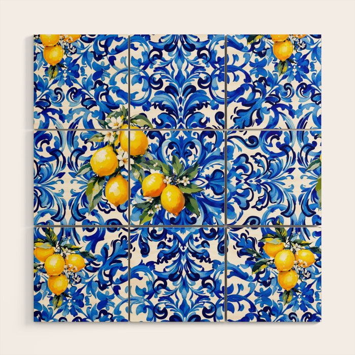 Blue Italian majolica baroque lemon art Wood Wall Art Gallery Image 1