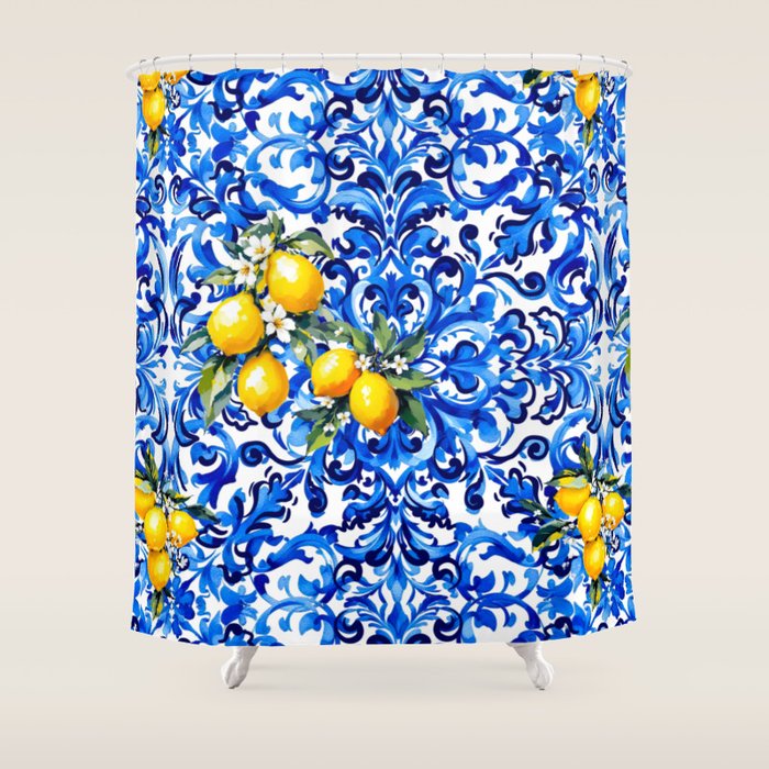 Blue Italian majolica baroque lemon art Shower Curtain Gallery Image 1