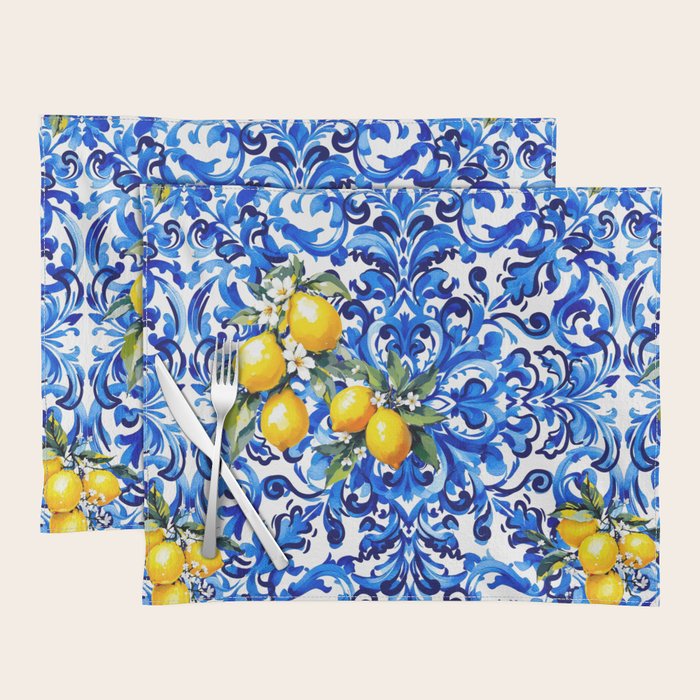 Blue Italian majolica baroque lemon art Placemat Gallery Image 1