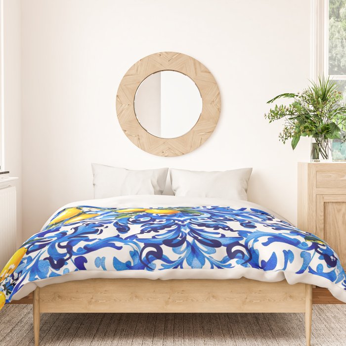 Blue Italian majolica baroque lemon art Duvet Cover Gallery Image 3