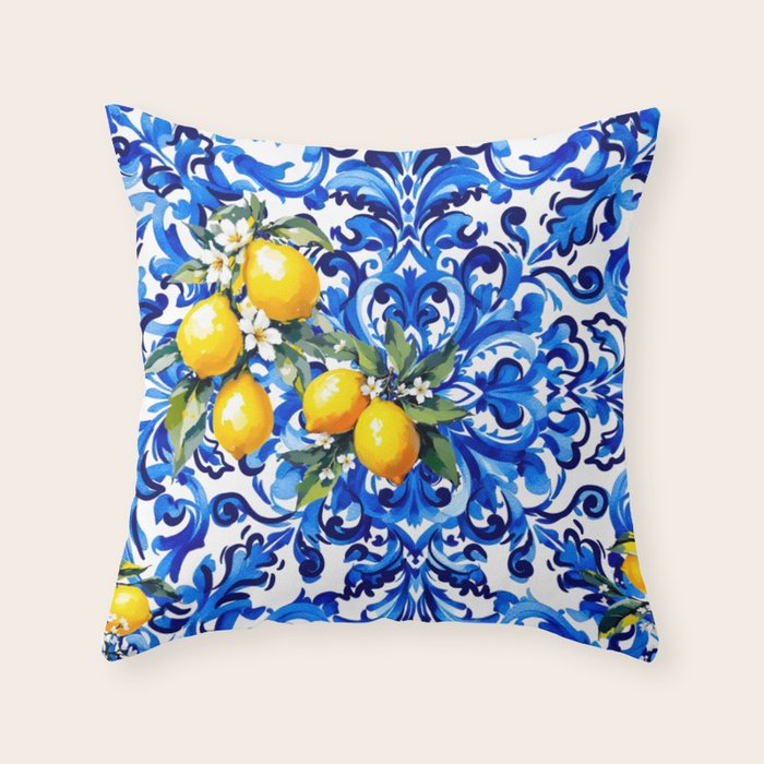 Blue Italian majolica baroque lemon art Throw Pillow Gallery Image 6