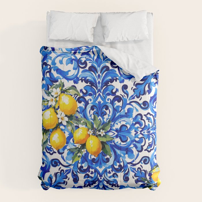Blue Italian majolica baroque lemon art Comforter Gallery Image 6
