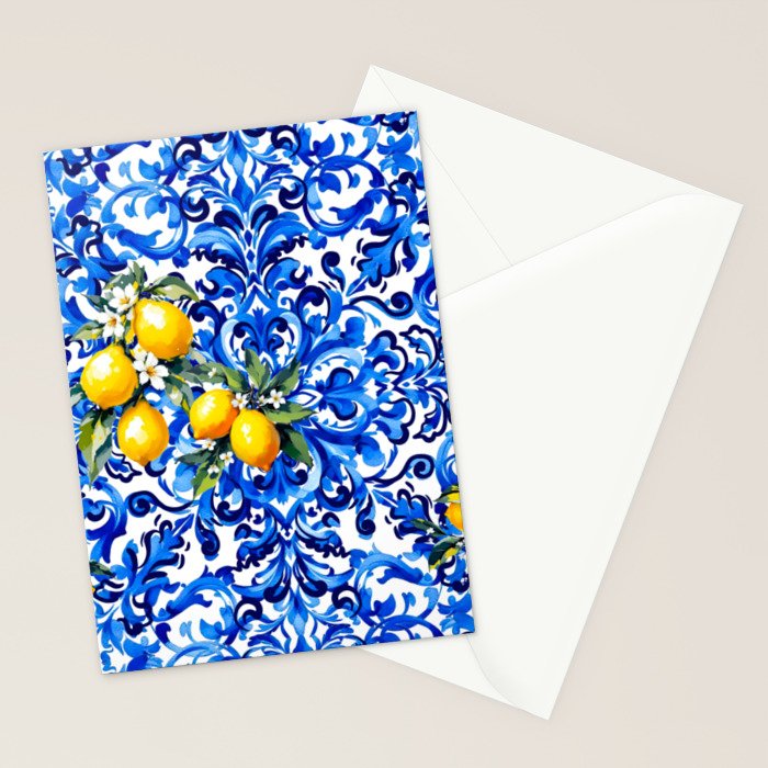 Blue Italian majolica baroque lemon art Stationery Card Gallery Image 2