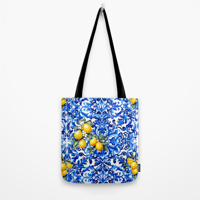 Blue Italian majolica baroque lemon art Tote Bag Gallery Image 2