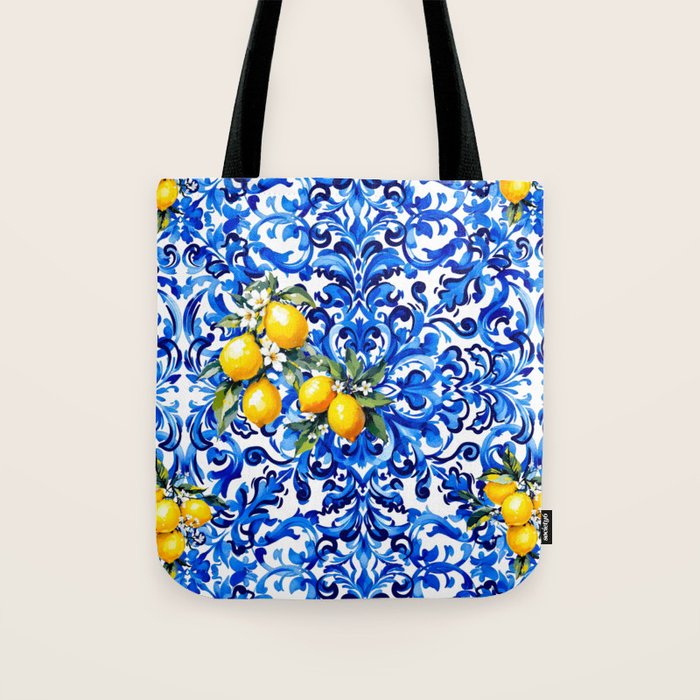 Blue Italian majolica baroque lemon art Tote Bag Gallery Image 1