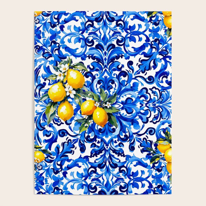 Blue Italian majolica baroque lemon art Poster Gallery Image 1