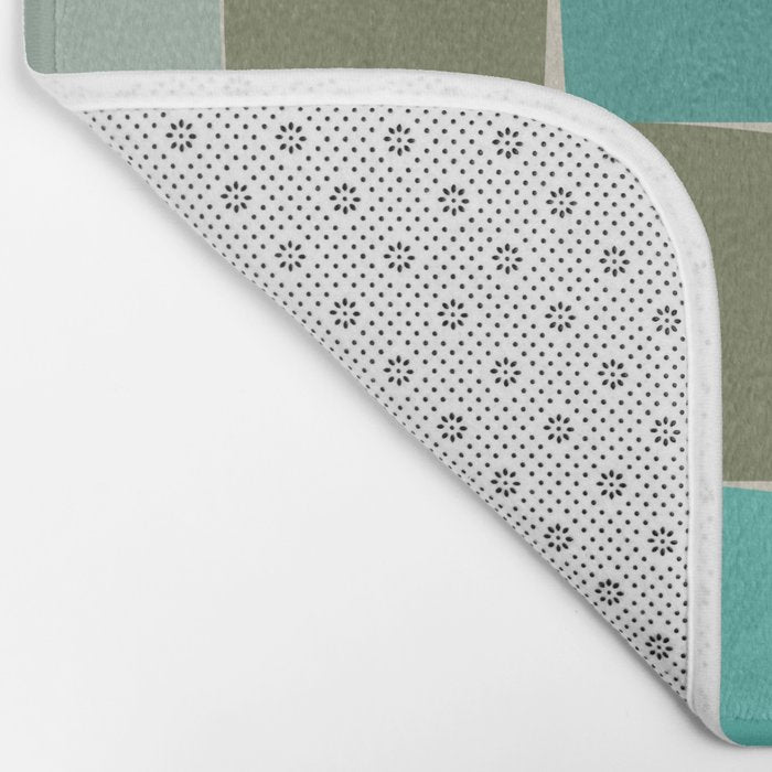 Flux Midcentury Modern Check Grid Pattern in Vintage Olive Green and Turquoise Teal Bath Mat Gallery Image 2