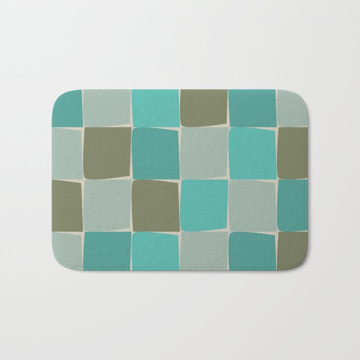 Flux Midcentury Modern Check Grid Pattern in Vintage Olive Green and Turquoise Teal Bath Mat Gallery Image 1
