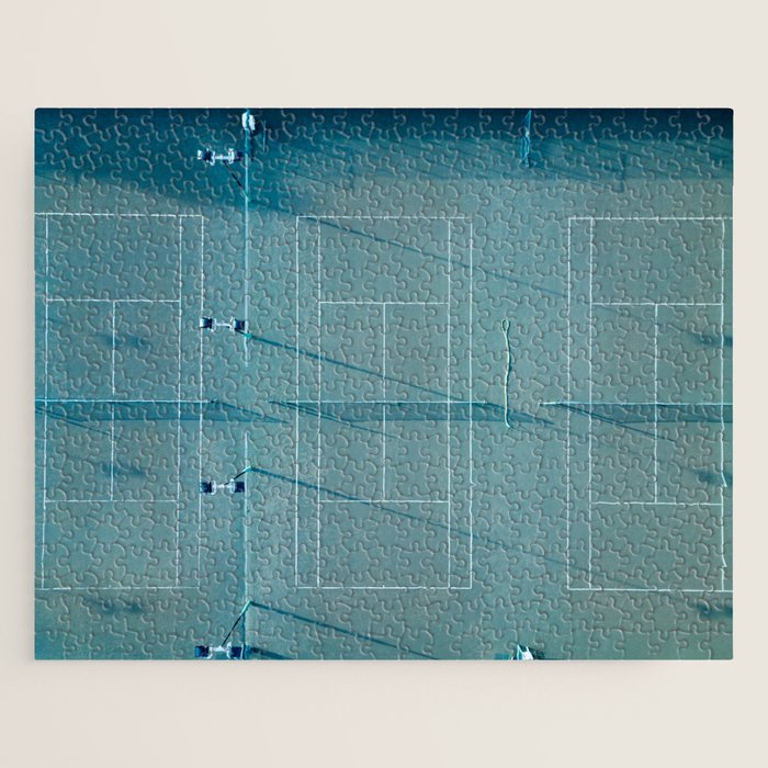 Blue tennis court at sunrise | Colorful drone aerial photography art | sports field print Jigsaw Puzzle Gallery Image 1