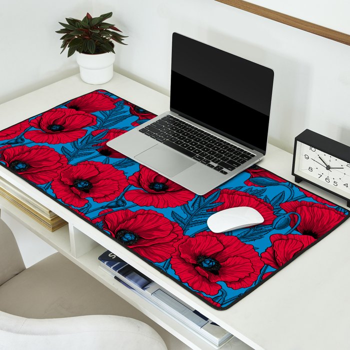 Red poppy garden on blue Desk Mat Gallery Image 2