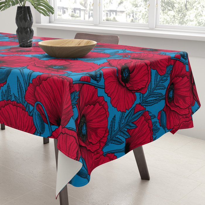 Red poppy garden on blue Tablecloth Gallery Image 3