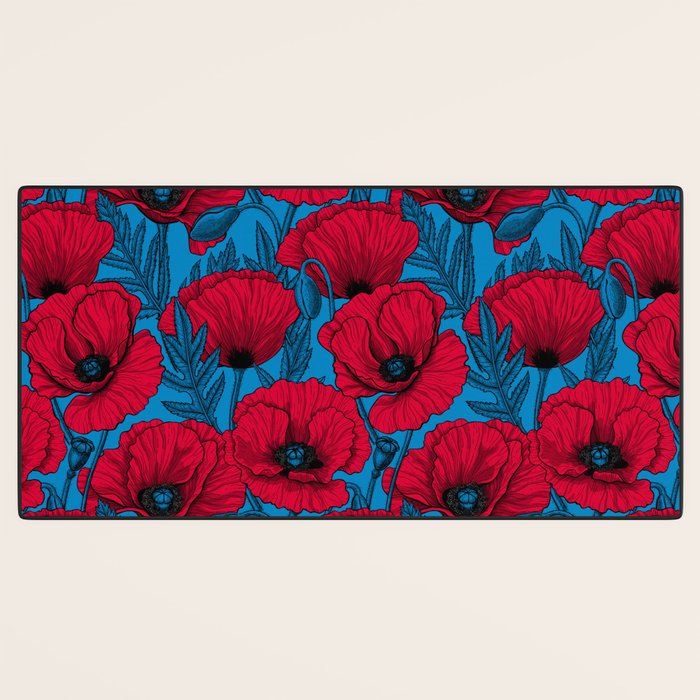 Red poppy garden on blue Desk Mat Gallery Image 3