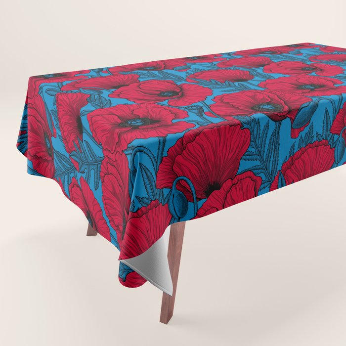 Red poppy garden on blue Tablecloth Gallery Image 1