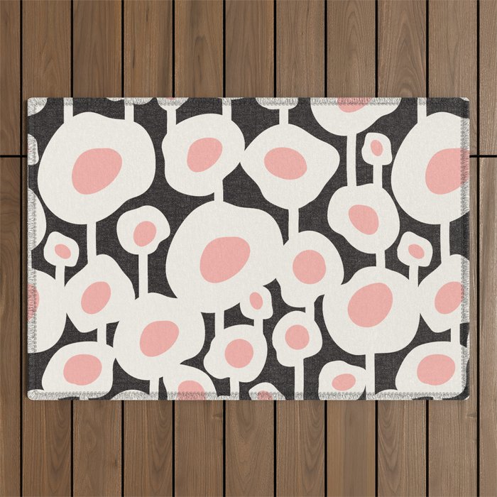 Poppy Dot - Retro Floral Black Pink Outdoor Rug Gallery Image 1