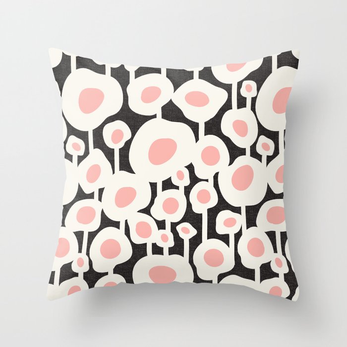 Poppy Dot - Retro Floral Black Pink Throw Pillow Gallery Image 1