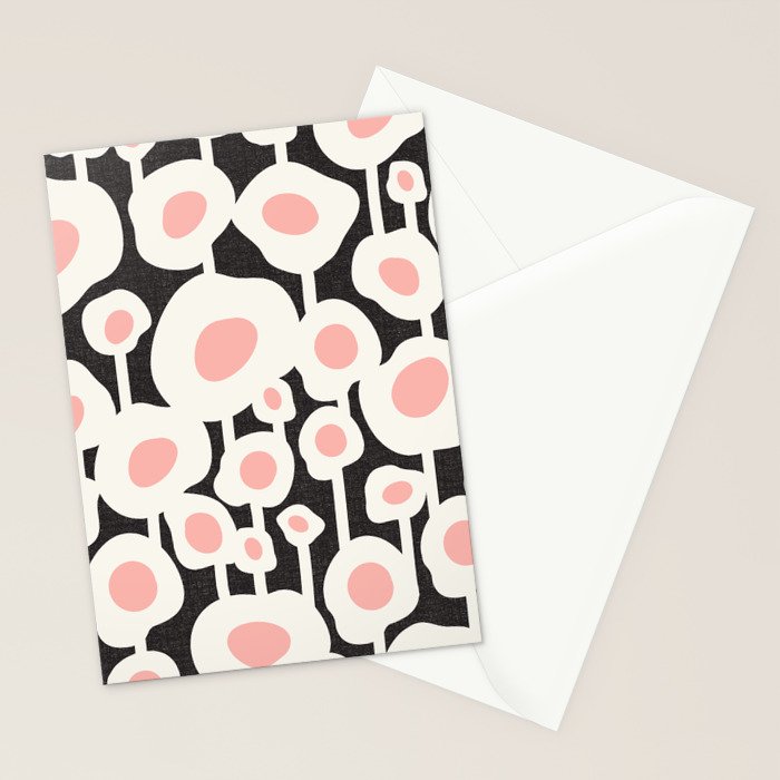 Poppy Dot - Retro Floral Black Pink Stationery Card Gallery Image 2