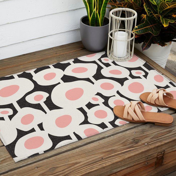 Poppy Dot - Retro Floral Black Pink Outdoor Rug Gallery Image 2