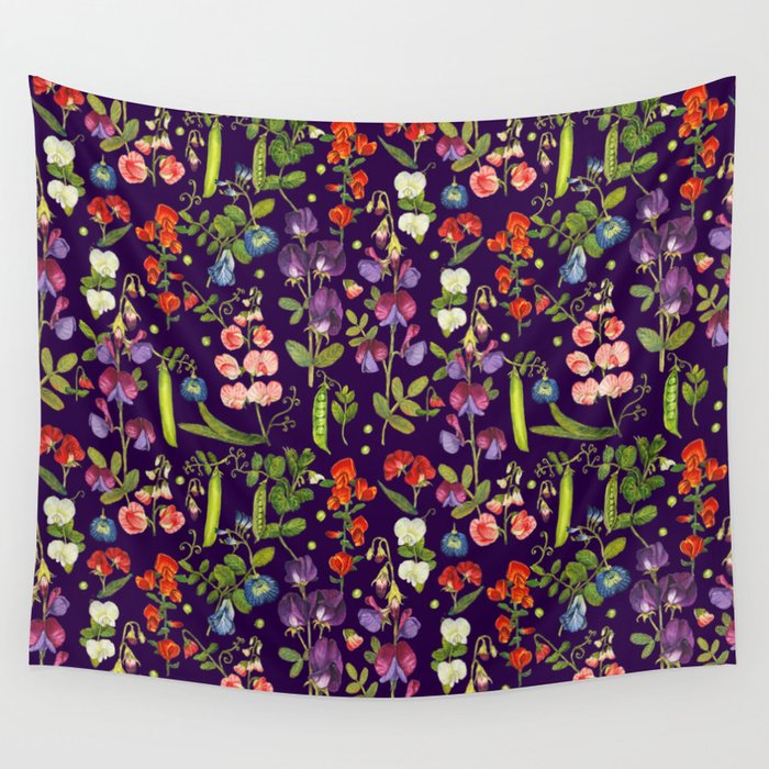Beautiful Pea Flowers and Peas - dark Wall Tapestry Gallery Image 4