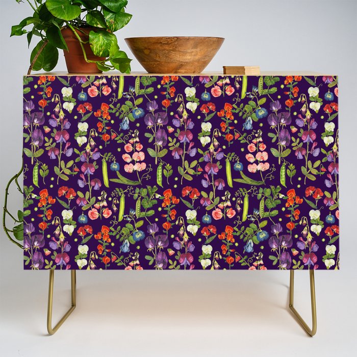 Beautiful Pea Flowers and Peas - dark Credenza Gallery Image 1