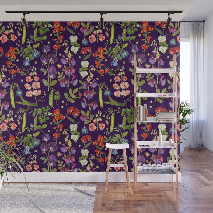 Beautiful Pea Flowers and Peas - dark Wall Mural Gallery Image 1
