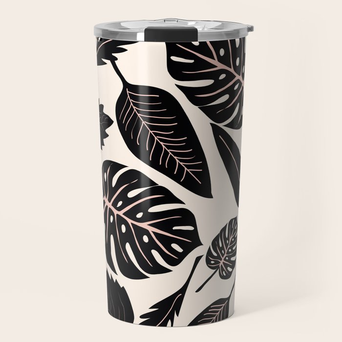Monstera leaves Black and beige Travel Mug Gallery Image 1