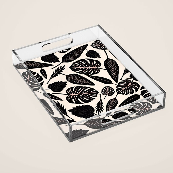 Monstera leaves Black and beige Acrylic Tray Gallery Image 1