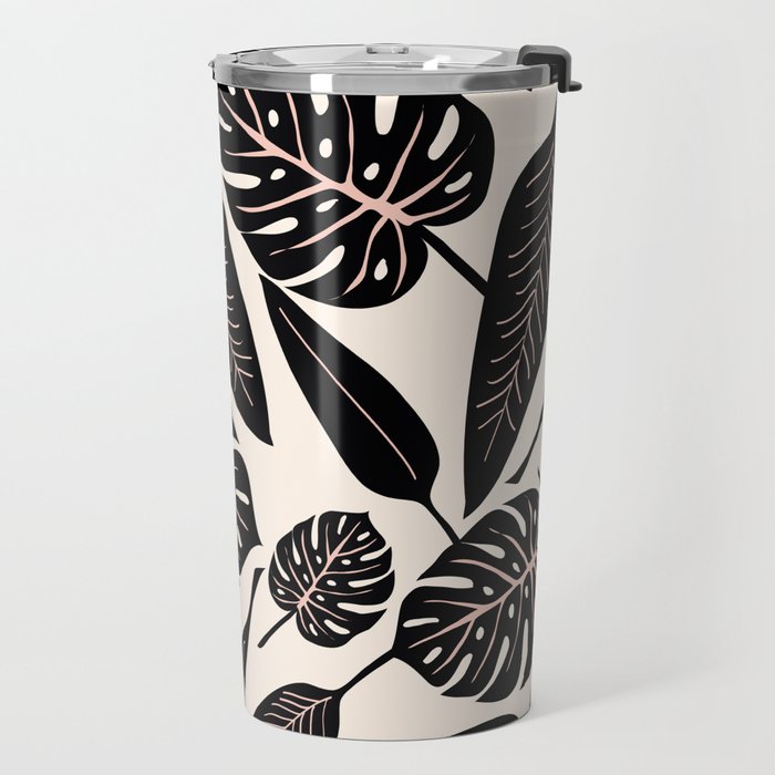 Monstera leaves Black and beige Travel Mug Gallery Image 2