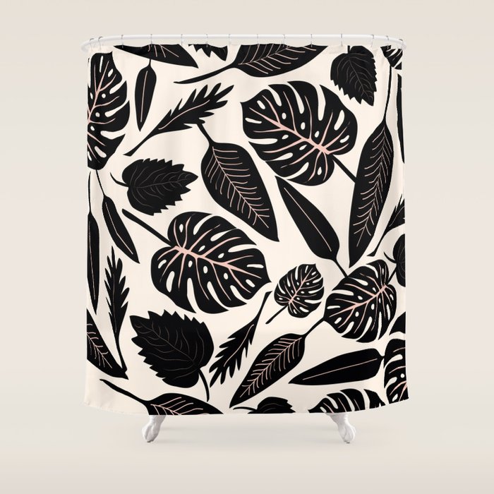 Monstera leaves Black and beige Shower Curtain Gallery Image 1