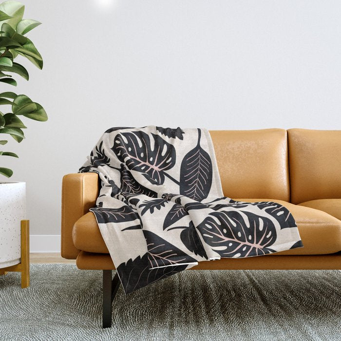 Monstera leaves Black and beige Throw Blanket Gallery Image 1