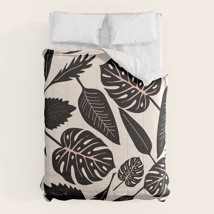 Monstera leaves Black and beige Comforter Gallery Image 6