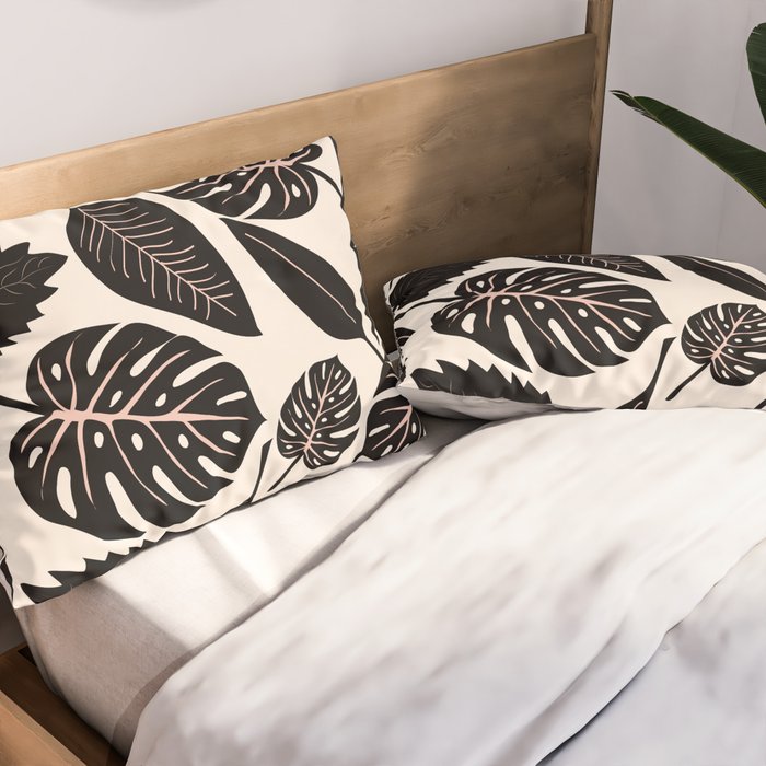 Monstera leaves Black and beige Pillow Sham Gallery Image 2