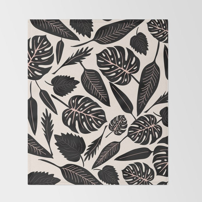 Monstera leaves Black and beige Throw Blanket Gallery Image 2