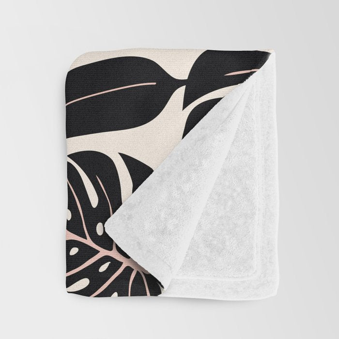 Monstera leaves Black and beige Throw Blanket Gallery Image 3