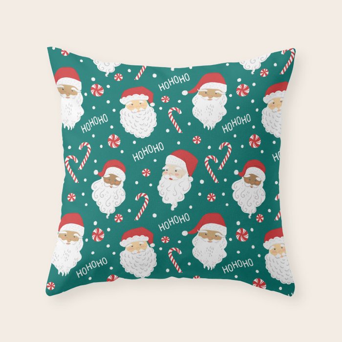 Peppermint Santas on Vivid Teal Throw Pillow Gallery Image 1