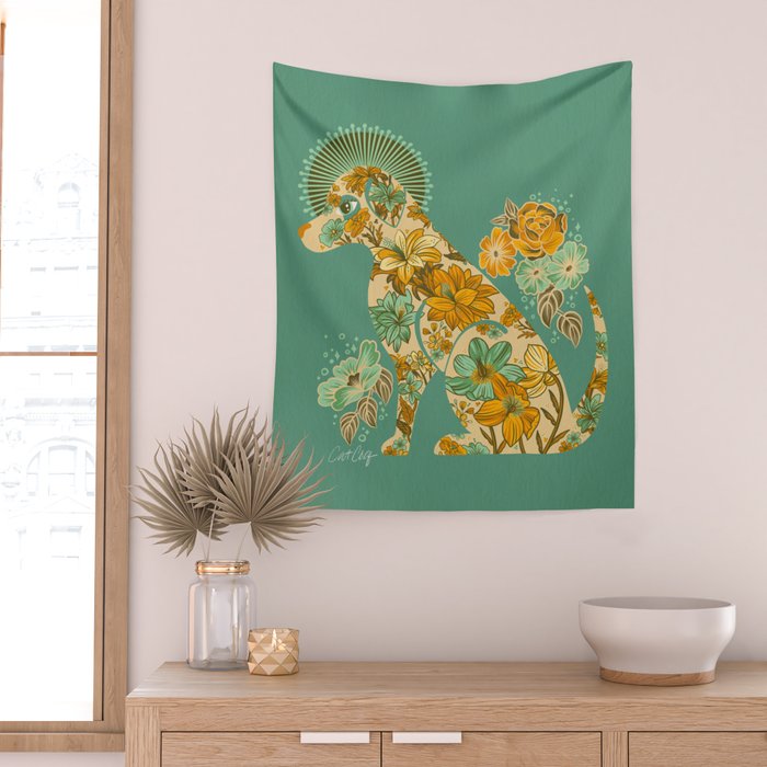 Porcelain Floral Dog - Mint & Ochre Wall Tapestry Gallery Image 2