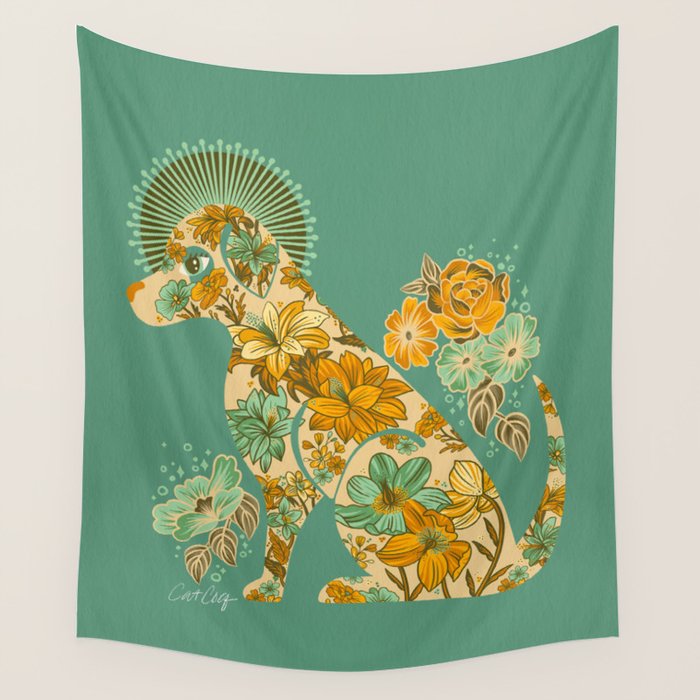 Porcelain Floral Dog - Mint & Ochre Wall Tapestry Gallery Image 4