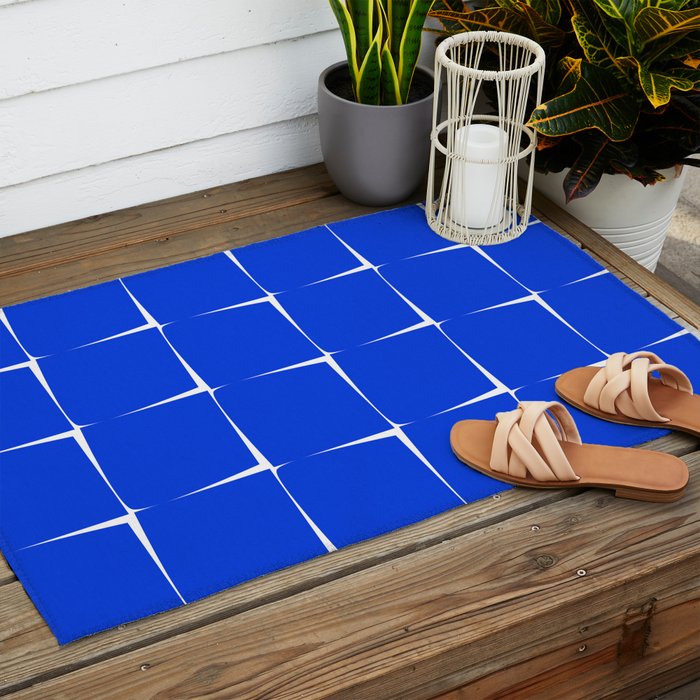 Blue Flux Bold Minimal Midcentury Modern Check Grid Pattern Royal Blue and White Outdoor Rug Gallery Image 2