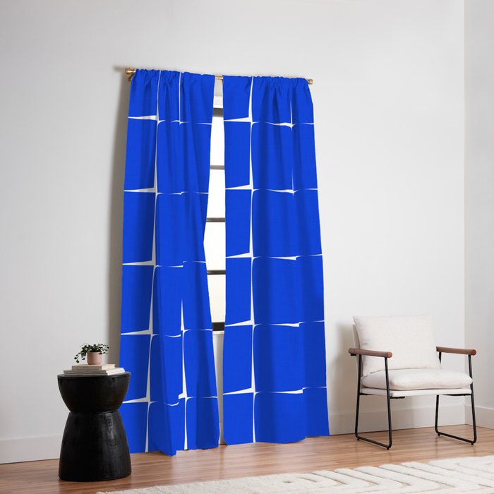 Blue Flux Bold Minimal Midcentury Modern Check Grid Pattern Royal Blue and White Window Curtain Gallery Image 2