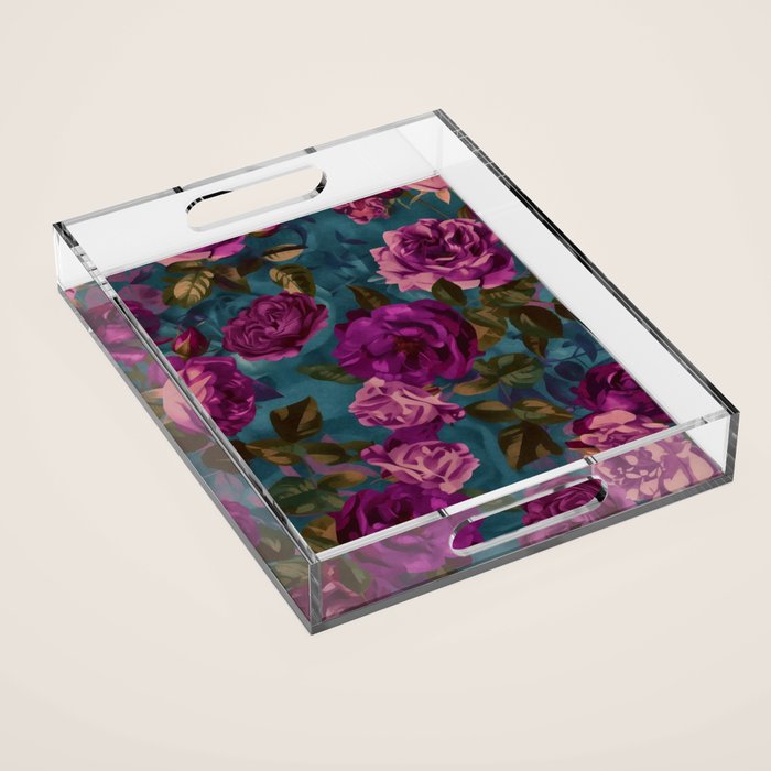 Regency Vibe Velveteen Moody  Flowers Fuchsia Pink Burgundy And Turquoise Acrylic Tray Gallery Image 1