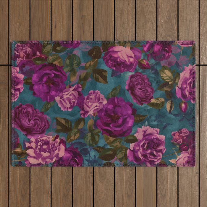 Regency Vibe Velveteen Moody  Flowers Fuchsia Pink Burgundy And Turquoise Outdoor Rug Gallery Image 1