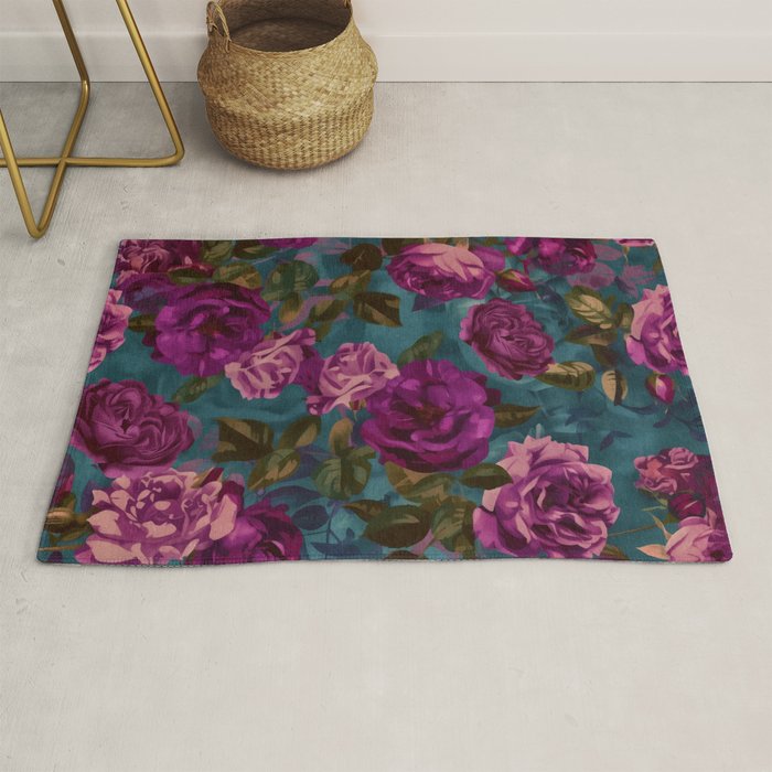Regency Vibe Velveteen Moody  Flowers Fuchsia Pink Burgundy And Turquoise Rug Gallery Image 1