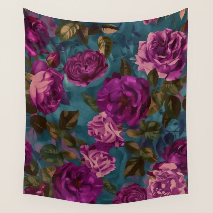 Regency Vibe Velveteen Moody  Flowers Fuchsia Pink Burgundy And Turquoise Wall Tapestry Gallery Image 1