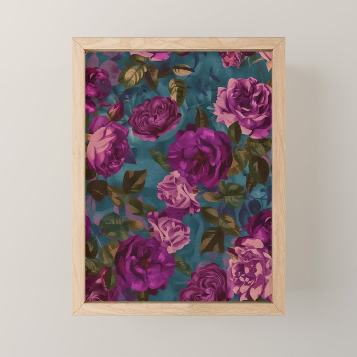 Regency Vibe Velveteen Moody  Flowers Fuchsia Pink Burgundy And Turquoise Mini Art Print Gallery Image 1